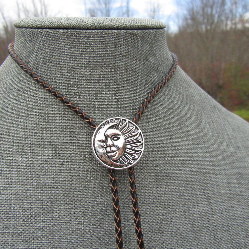 Celestial Dreamer Bolo Tie Necklace Black Braided Leather 90s Boho Retro